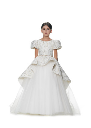 Beaded Puff Sleeves Ivory Lace Tulle Vintage Flower Girl Dress